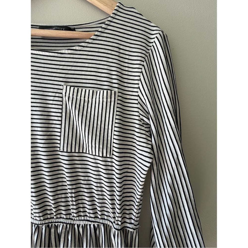 Nautical Minimalist Merokeety Midi Dress L Black White Striped 3/4 Sleeve Pocket - Picture 3 of 7